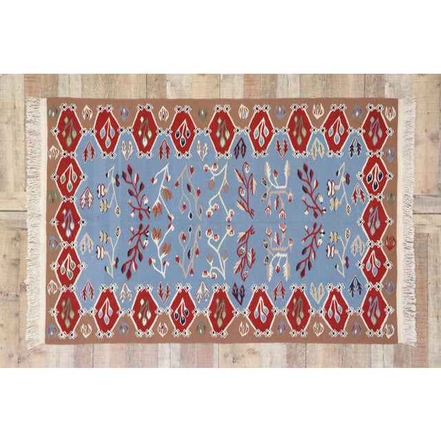 Sky Blue Vintage Oltenian Romanian Kilim Rug, 04'01 X 05'11 For Sale - Image 8 of 9