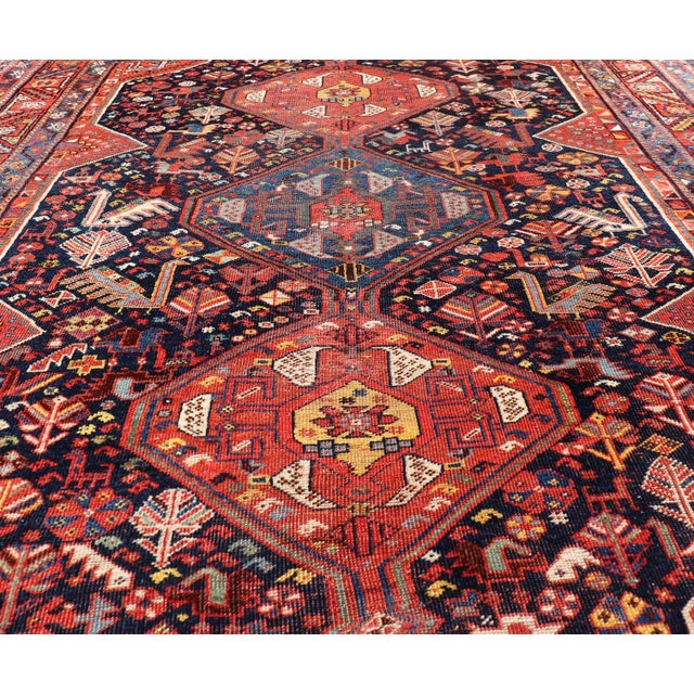 Textile Antique Hand Knotted Persian Qashqai Shiraz Tribal Rug With Tribal Design 5'1 X 6'2 For Sale - Image 7 of 14