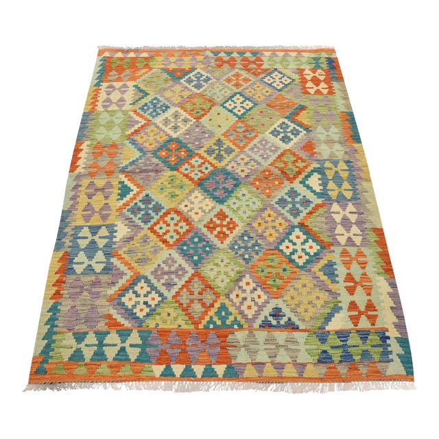 Kilim Rug 4'2'' X 5'6'' Multicolor Wool Handwoven Oriental Carpet For Sale