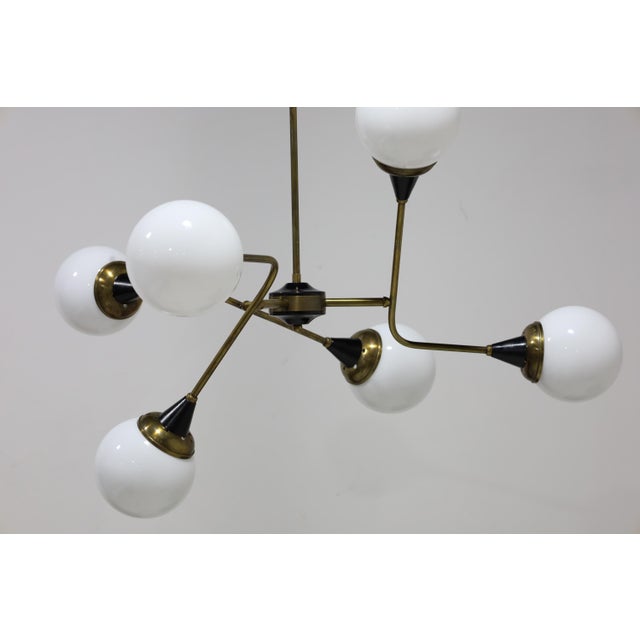 White 1960s Stilnovo Style Chandeliers in Brass and Glass - a Pair For Sale - Image 8 of 8