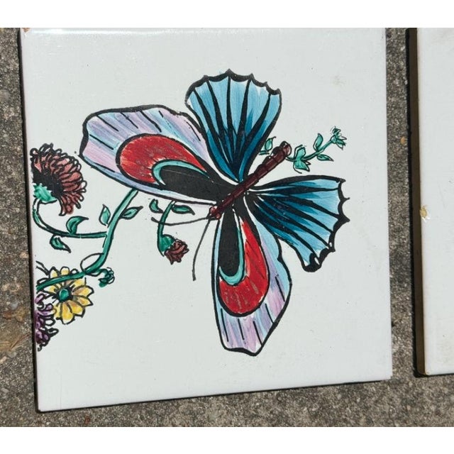 Mid-Century Modern Mid-Century Modern Hand-Painted Butterfly Ceramic Tiles, Spain, Set of 7 For Sale - Image 3 of 7