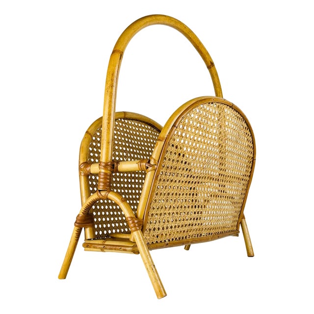Vintage Bamboo and Vienna Straw Magazine Rack, 1960s For Sale