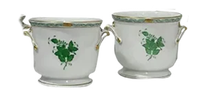 Small Chinese Porcelain Apponyi Green Bouquet Cache Pots, Set of 2