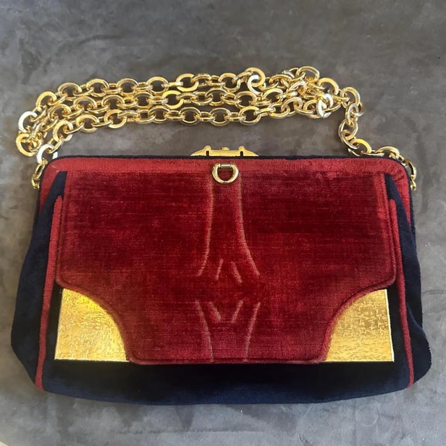 1970s Amazing Blue and Red Velvet and Brass Italian Shoulder Bag For Sale - Image 15 of 16