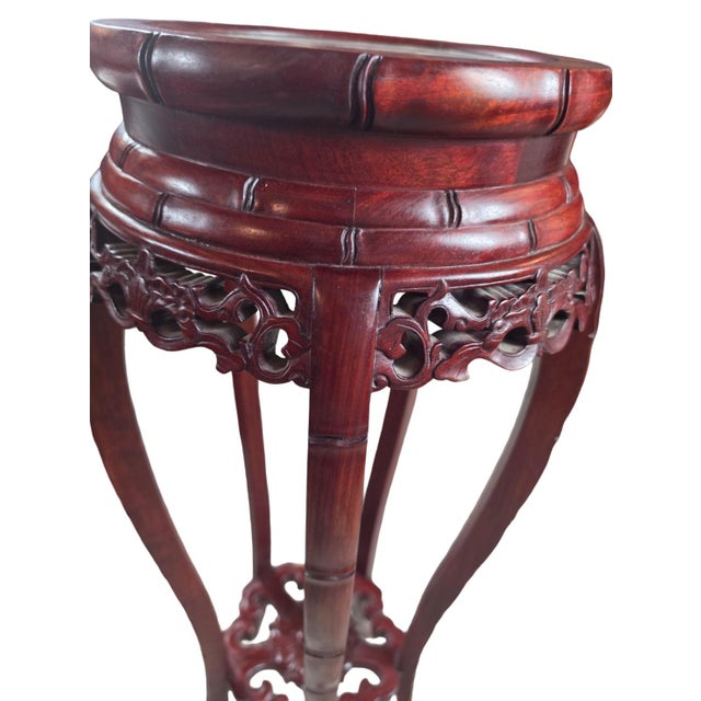 Vintage Chinese Carved Mahogany Marble-Top Pedestal Plant Stand For Sale - Image 4 of 10