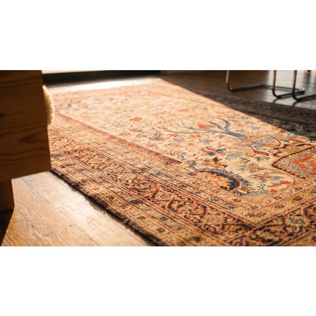 Textile 1880s Ivory Medallion Antique n.e. Persian Moud Meditation Rug 3'8" X 5'10" Handknotted Wool Carpet For Sale - Image 7 of 7