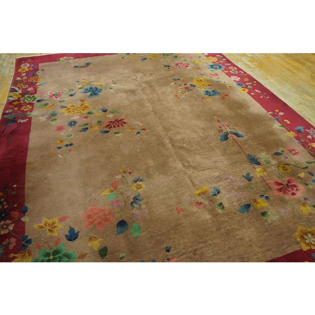 1920s Tan Ecru Floral Antique Chinese Art Deco Rug 8'8' 'X 11'6'' Knotted Wool Carpet For Sale - Image 4 of 9