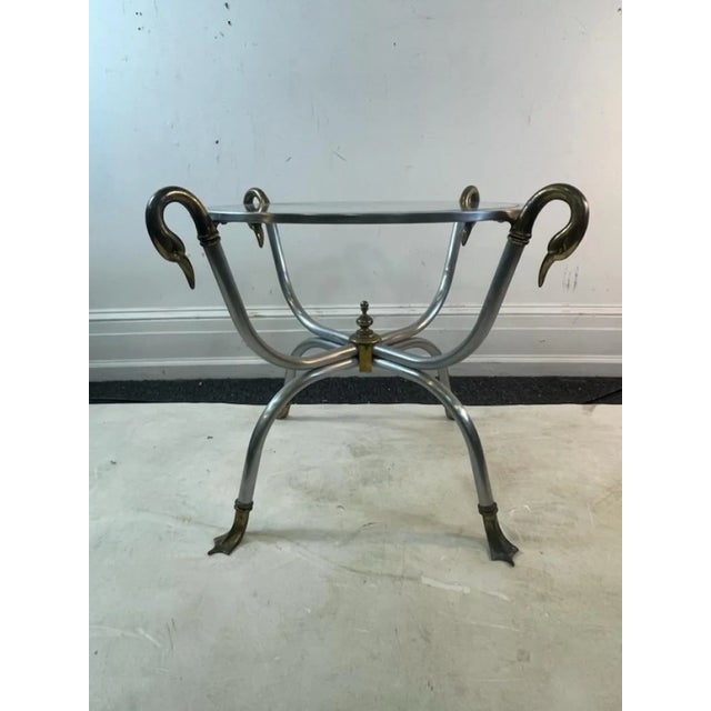 Campaign 1960s Maison Jansen Modernist Steel & Brass Swan Head Side Table For Sale - Image 3 of 10