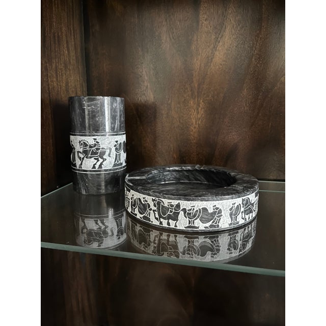 Black & White Marble Canister With Lid and Matching Dish/Ashtray, Etched Procession of Horses, Chariots, Robed Men For Sale - Image 9 of 11