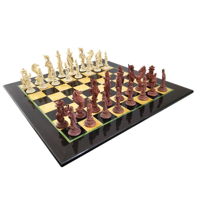 Black Vintage Marquetry Chess Set With Chinese Figurines For Sale - Image 8 of 15
