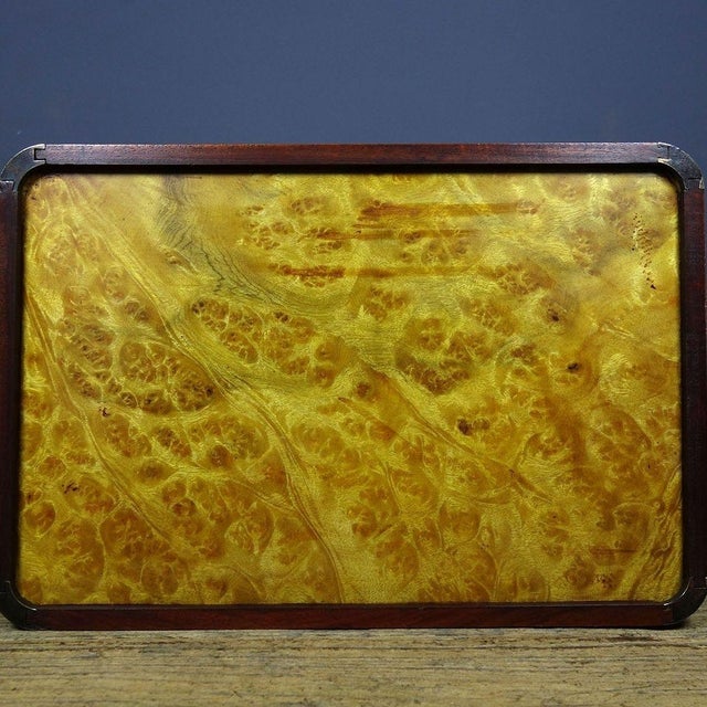 Vintage Burl Wood Tea Tray With Rosewood Frame - Brass Mounted For Sale - Image 4 of 9