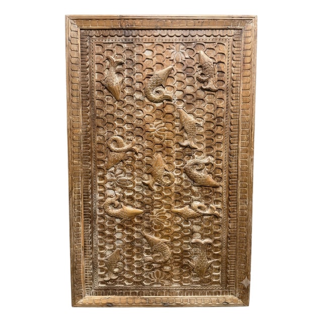 1920s Wabi Sabi Carved Fish Wood Wall Panel – Koi Pond Art & Statement Headboard 69 For Sale