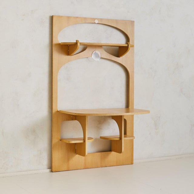 1970s Italian Birch Wall-Mounted Folding Table with Shelves by Anonima Design, 1970 For Sale - Image 5 of 11