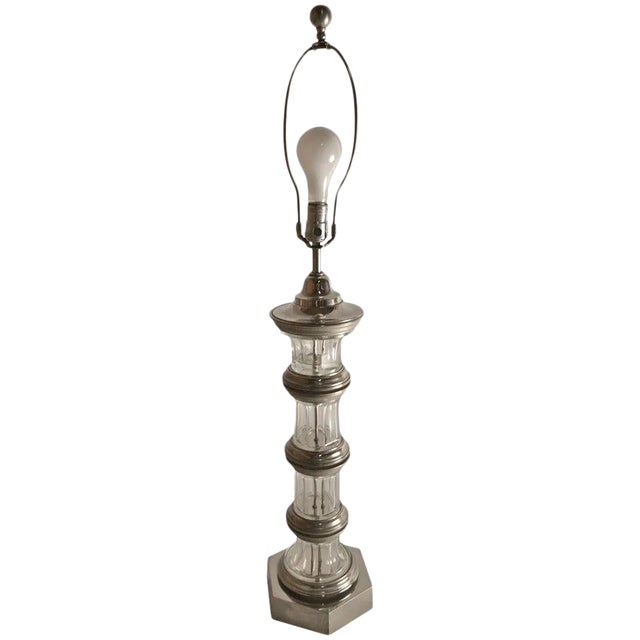 Glass Column Lamp With Silver Details For Sale