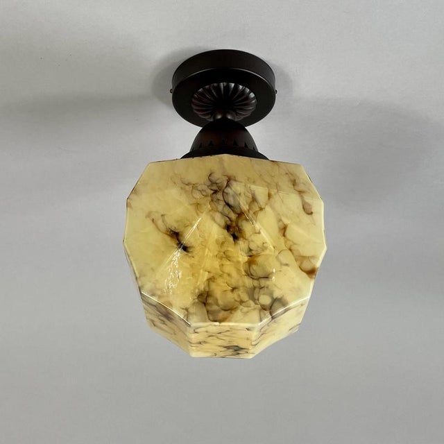 Art Deco Marbled Opaline Glass and Burnished Brass Flush Mount, Germany, 1920s For Sale - Image 9 of 18