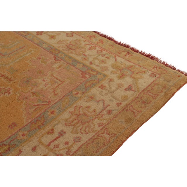 1920s Antique Tribal Oushak Rug in Gold, Pink, Beige Floral Medallion Pattern For Sale - Image 5 of 8