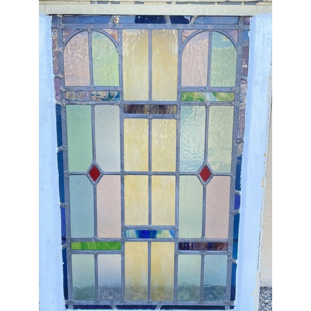 Wood Antique Art Deco Leaded Stained Glass Pink Green Blue Yellow Windows - (2) Pair For Sale - Image 7 of 13