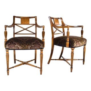 Regency Armchairs in Velvet by Thomas Hope, Burl Wood, X-Back Design For Sale