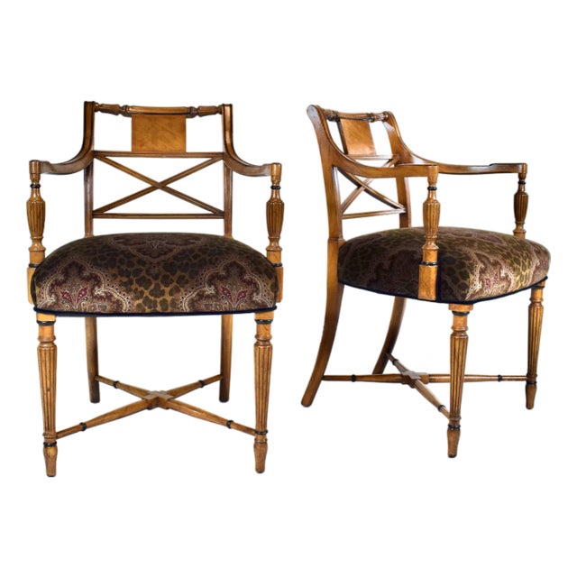 Regency Armchairs in Velvet by Thomas Hope, Burl Wood, X-Back Design For Sale