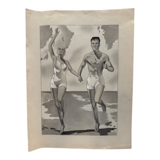 1940s Original Signed Graphite Illustration of Couple Running Along the Beach, 14.5 X 11 In. For Sale