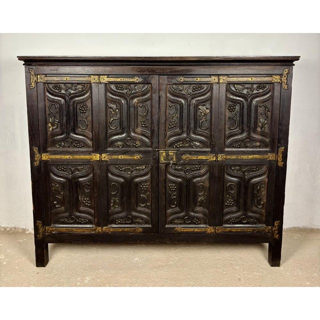 Baroque Spanish Baroque Style Carved Oak Sideboard with Iron Hardware, 1890s For Sale - Image 3 of 13