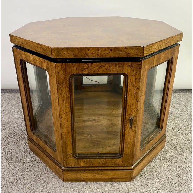 A mid-century modern pair of end or side tables in a hexagon shape. The quality tables are crafted of budwood and are...