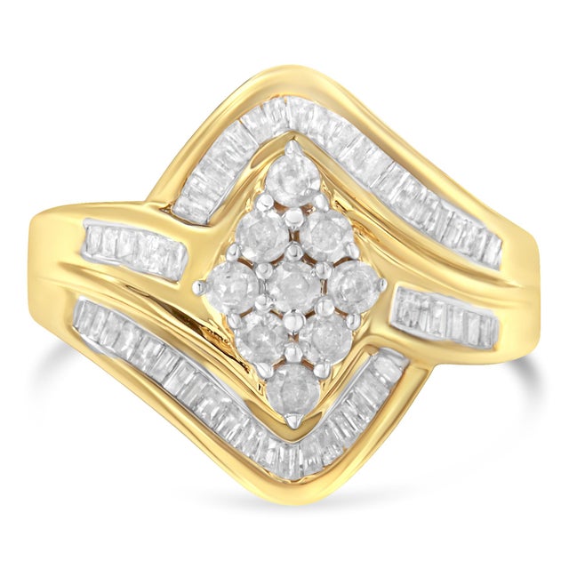 Contemporary 10K Yellow Gold over .925 Sterling Silver Diamond Bypass Cluster Ring (1 Cttw, I-J Color, I2-I3 Clarity) - Size 7 For Sale - Image 3 of 7