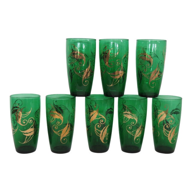 Mid Century Anchor Hocking Green Tumblers Gold Leaves Set of Eight 4603b For Sale
