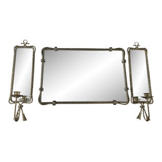 1960s Hollywood Regency 3 Piece Rope $ Tassle Mirrored Sconces & Center Mirror For Sale