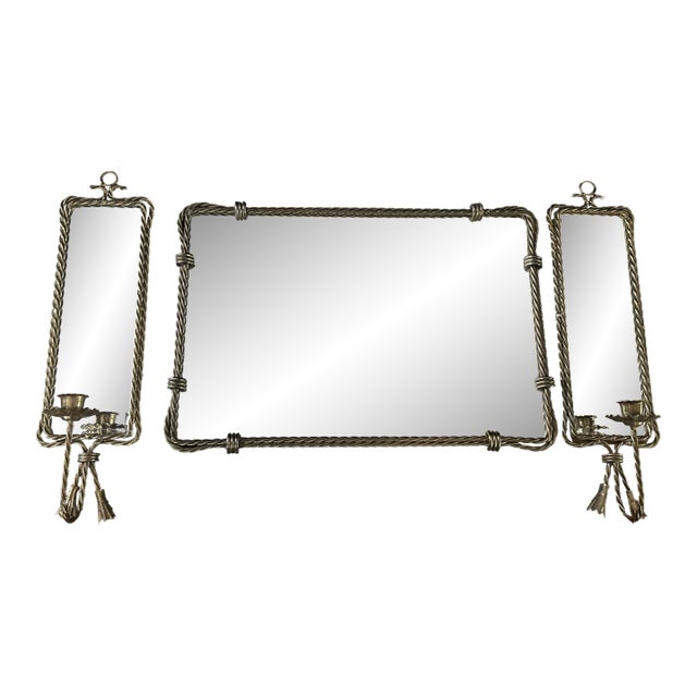 1960s Hollywood Regency 3 Piece Rope $ Tassle Mirrored Sconces & Center Mirror For Sale