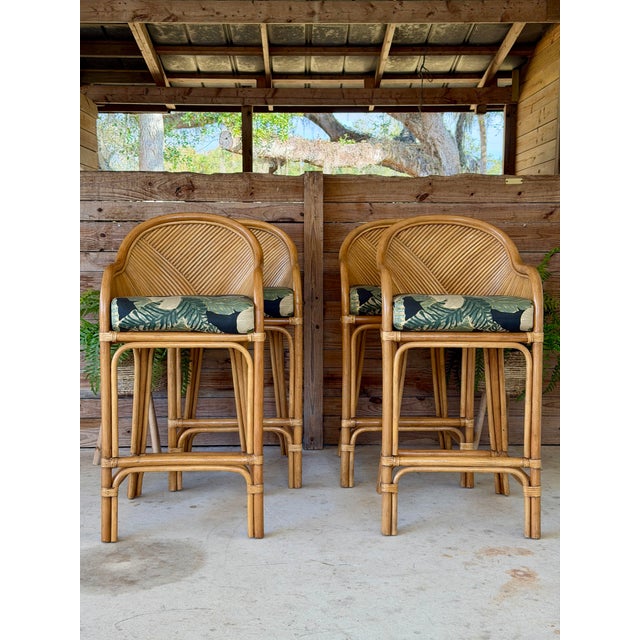 Set of Four Vintage Boho Organic Modern Rattan Bar Stools With Pencil Rattan Backs For Sale - Image 11 of 12