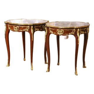 Pair of Mid-C. French Louis XV Marble-Top Mahogany & Ormolu Mounted Side Tables For Sale