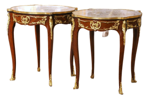 Pair of Mid-C. French Louis XV Marble-Top Mahogany & Ormolu Mounted Side Tables