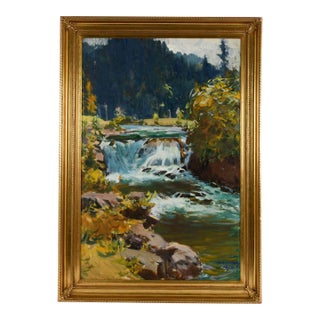 Framed Signed Gentle Waterfall Painting on Canvas For Sale