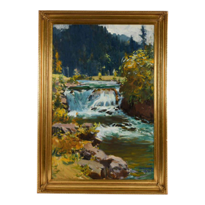 Framed Signed Gentle Waterfall Painting on Canvas