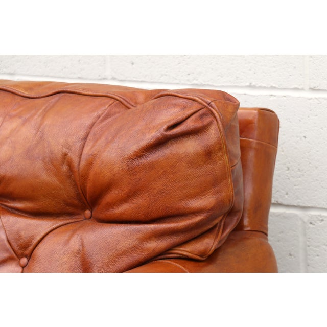 Vintage 1970s Honey Tan Leather Sofa | Tufted Feather Cushion Sofa, American Mid-Century Lounge Seating For Sale In Los Angeles - Image 6 of 18