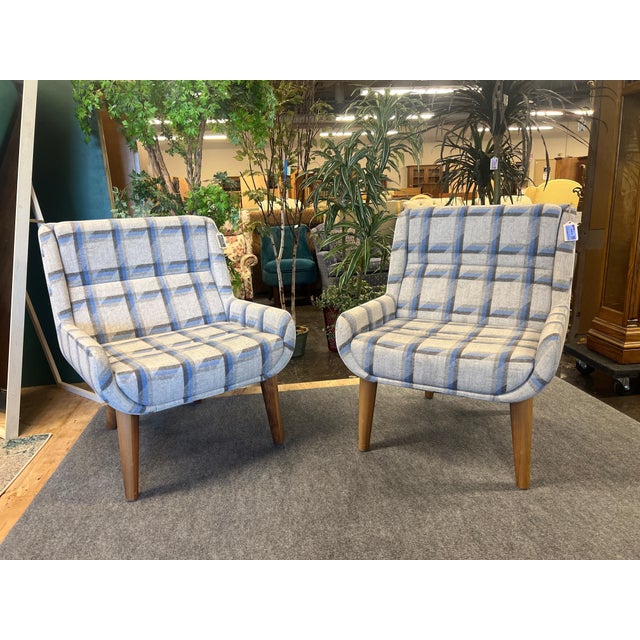 2010s NaughtOne "Always Wood" Lounge Chair in Striped Slate & Sky Blue on Solid Oak For Sale - Image 5 of 6