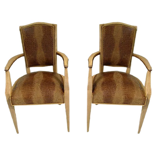 Set of Art Deco Faux Crocodile Embossed Leather Armchairs, 1940s For Sale