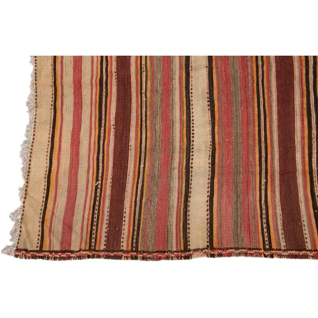 Mid-20th Century Turkish Kilim Beige Handmade Stripes Wool Rug For Sale - Image 4 of 10