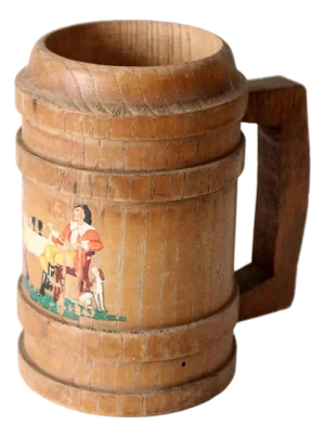 Vintage Wooden Tankard With Painted Tavern Scene