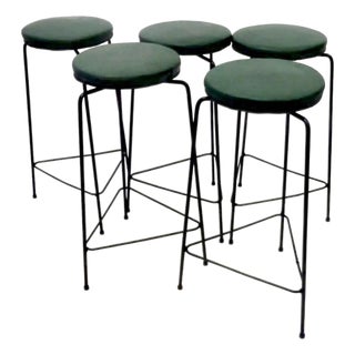 Three-Legged Wrought Iron Swivel Counter Stools in the Manner of Frederic Weinberg - Set of 5 For Sale