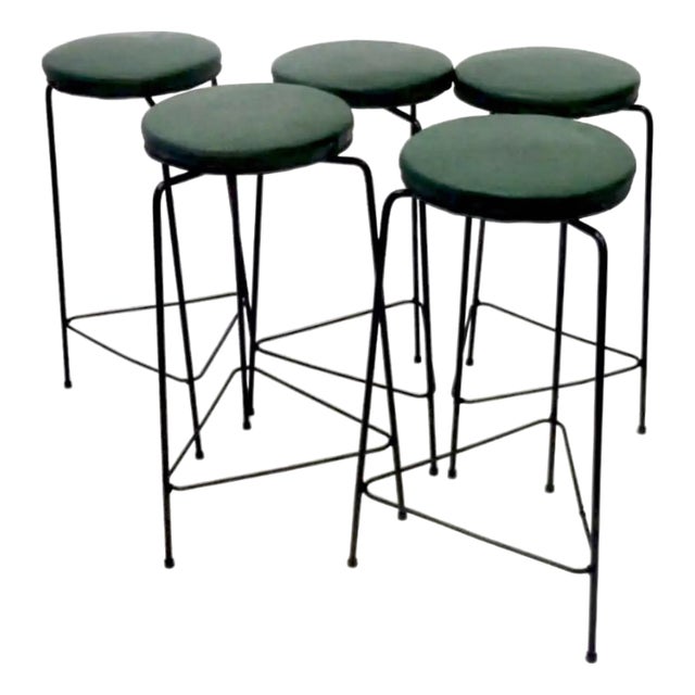 Three-Legged Wrought Iron Swivel Counter Stools in the Manner of Frederic Weinberg - Set of 5 For Sale