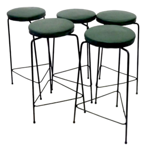 Three-Legged Wrought Iron Swivel Counter Stools in the Manner of Frederic Weinberg - Set of 5