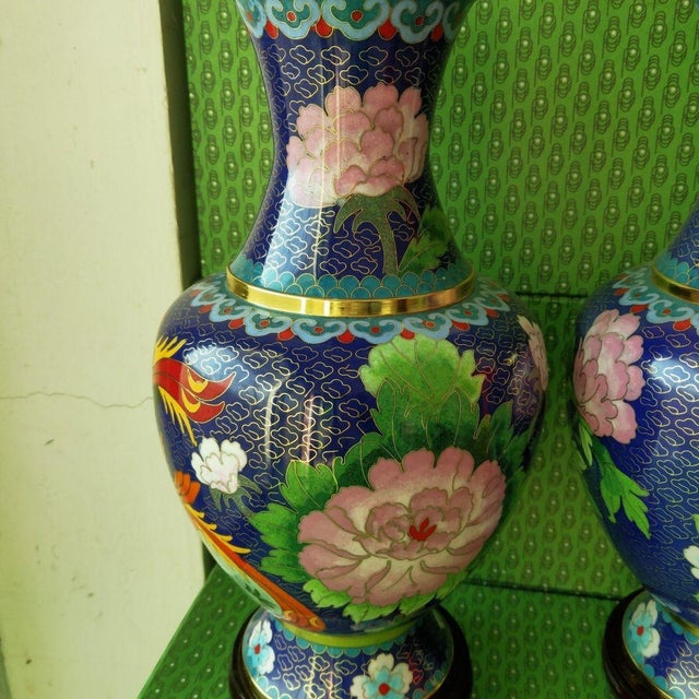 Blue Pair of Vintage Cloisonné Enamel Vases – Phoenix & Peony Motif, Sapphire Blue Ground For Sale - Image 8 of 10
