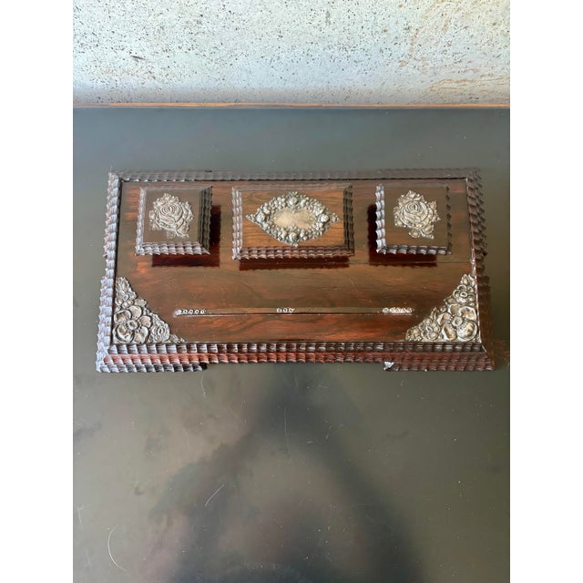 Victorian Antique Rosewood Desk Stand Inkwell Set Silver Mounted Writing Stand For Sale - Image 3 of 12