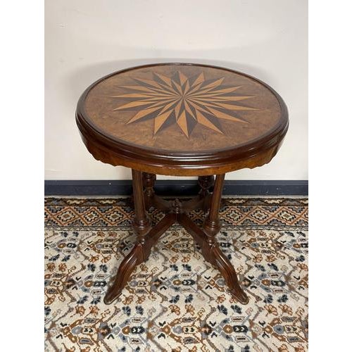 Victorian Style Carved Round Centre Table with Starburst Inlay Top For Sale - Image 6 of 6