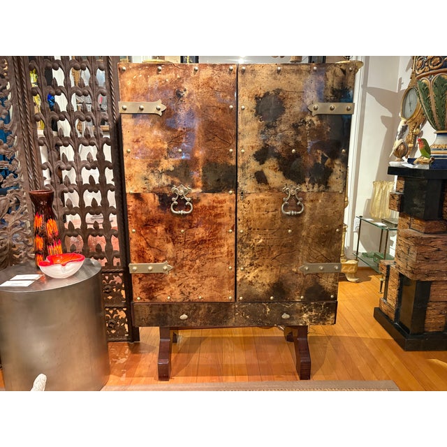 Italian Modern Lacquered Goatskin Bar Designed By Aldo Tura. Offered is a handsome Italian mid-century Brutalist lacquered...