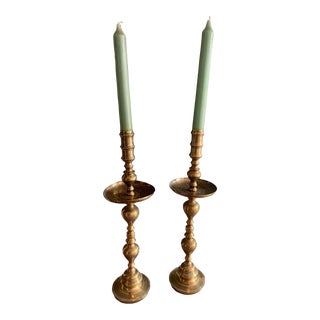 1950s Large Brass Etched Moroccan Floor Candle Holders- a Pair For Sale