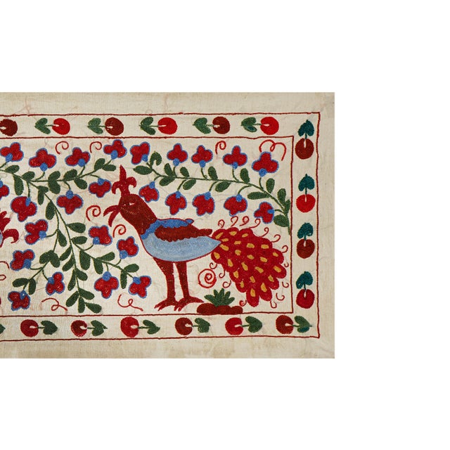 Ethnic Suzani Peacock Decor - Colorful Pictorial Cotton Tapestry 1'6'' X 3'1'' For Sale - Image 4 of 10