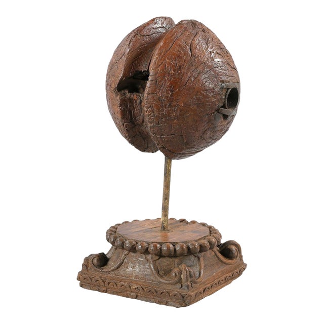 Ranch Style Antique Wooden Pulley Mounted on Column Base Table Decor For Sale